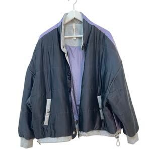 Free People Movement Sz L Zamo Gray Purple Silk Colorblock Bomber Puffer Jacket